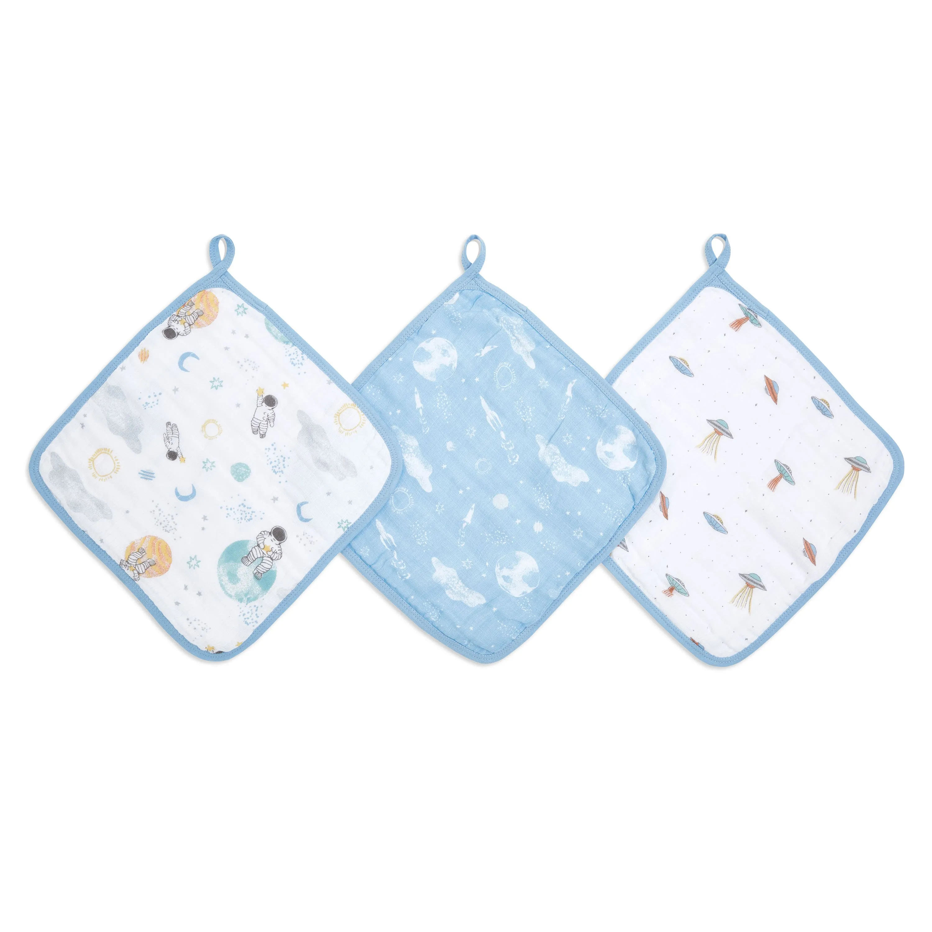 aden   anais Essential Cotton Muslin Washcloths 3 pack Space Explorers Blue