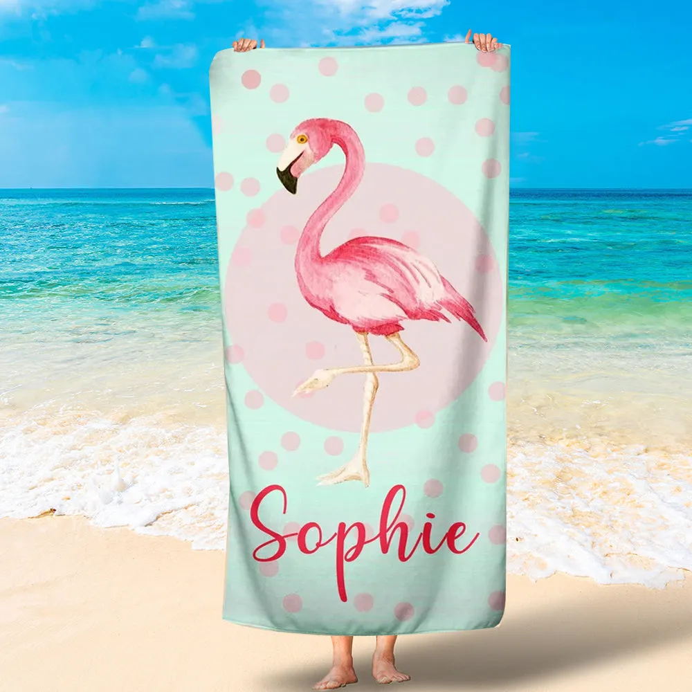 Personalized Flamingo Custom Name Beach Towel, Perfect Gift in Summer, Customized Flamingo Beach Towel